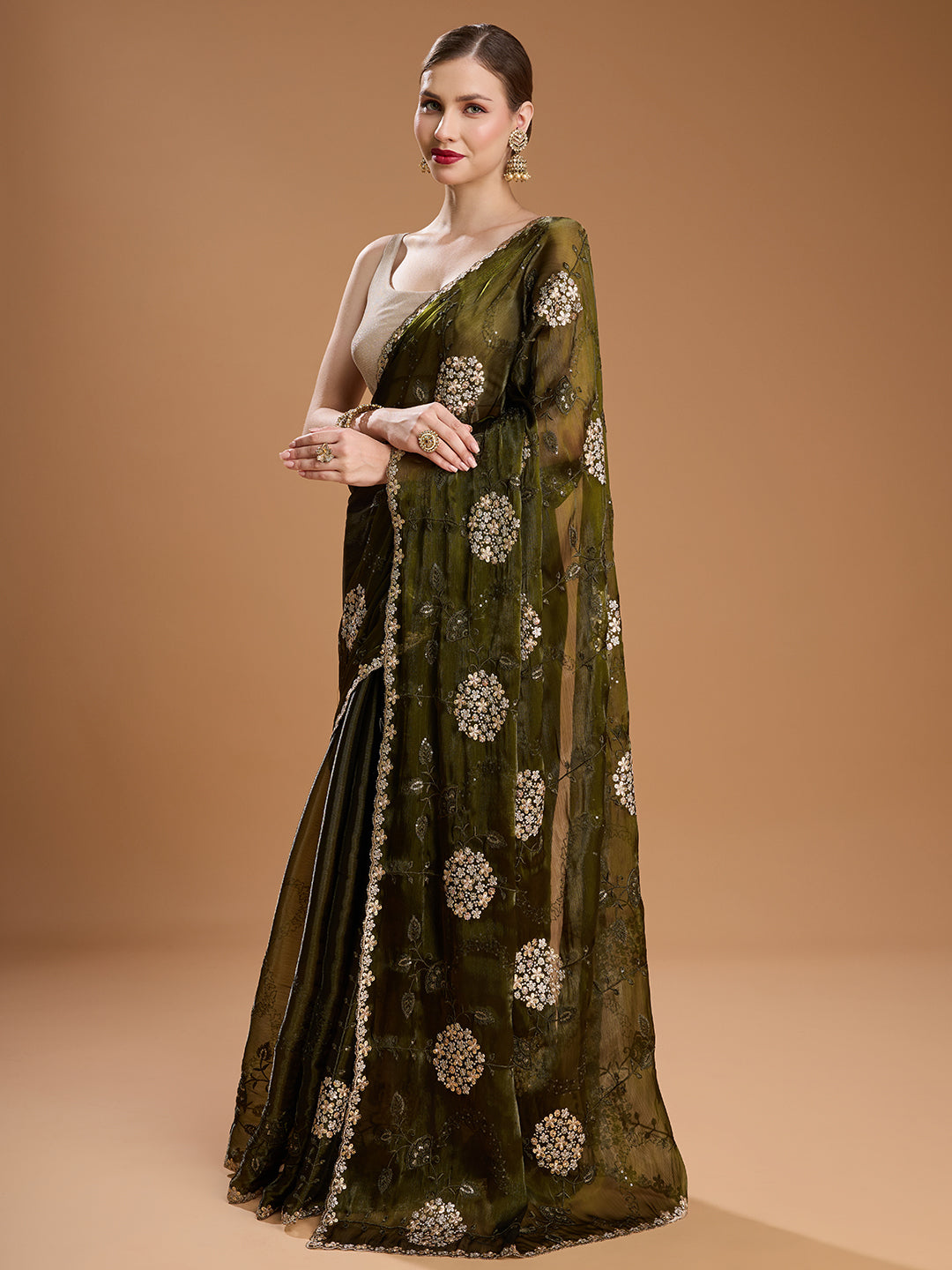 Dark Green Jimmy Choo Sequins Embroidered Designer Saree