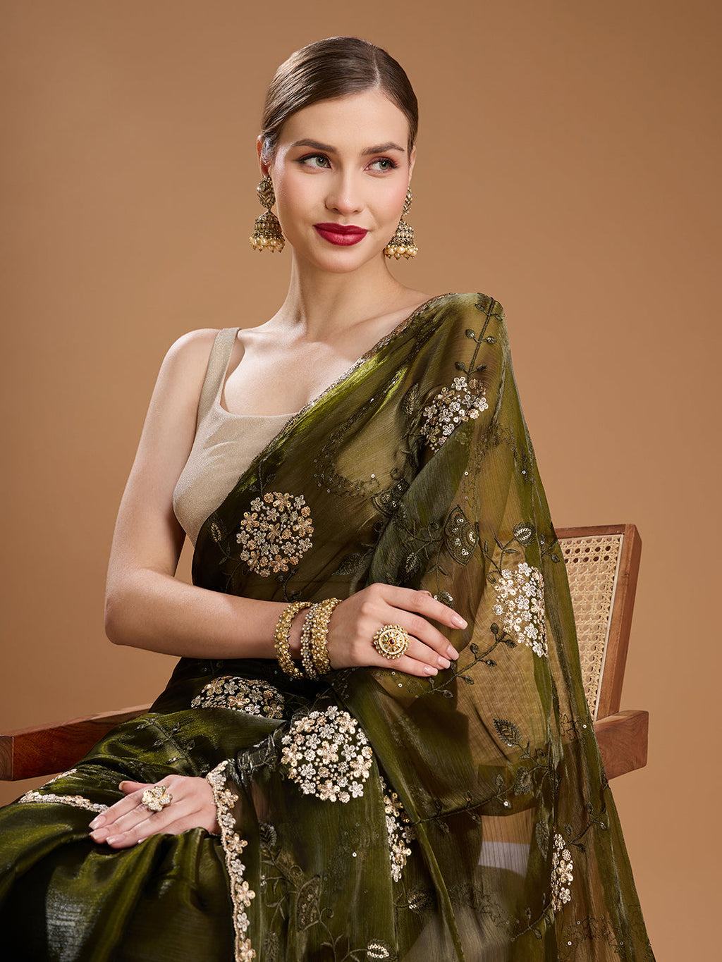 Dark Green Jimmy Choo Sequins Embroidered Designer Saree
