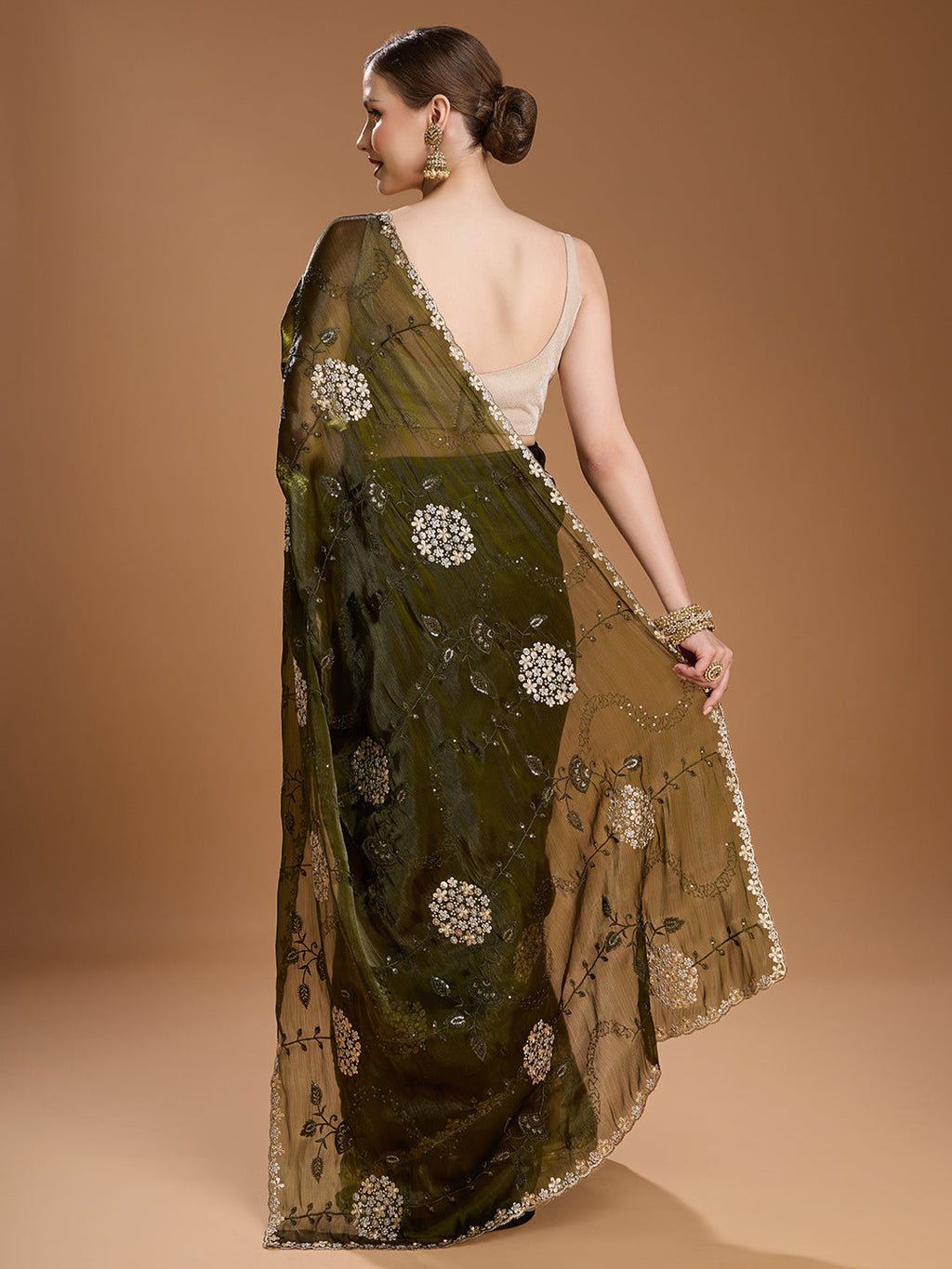 Dark Green Jimmy Choo Sequins Embroidered Designer Saree