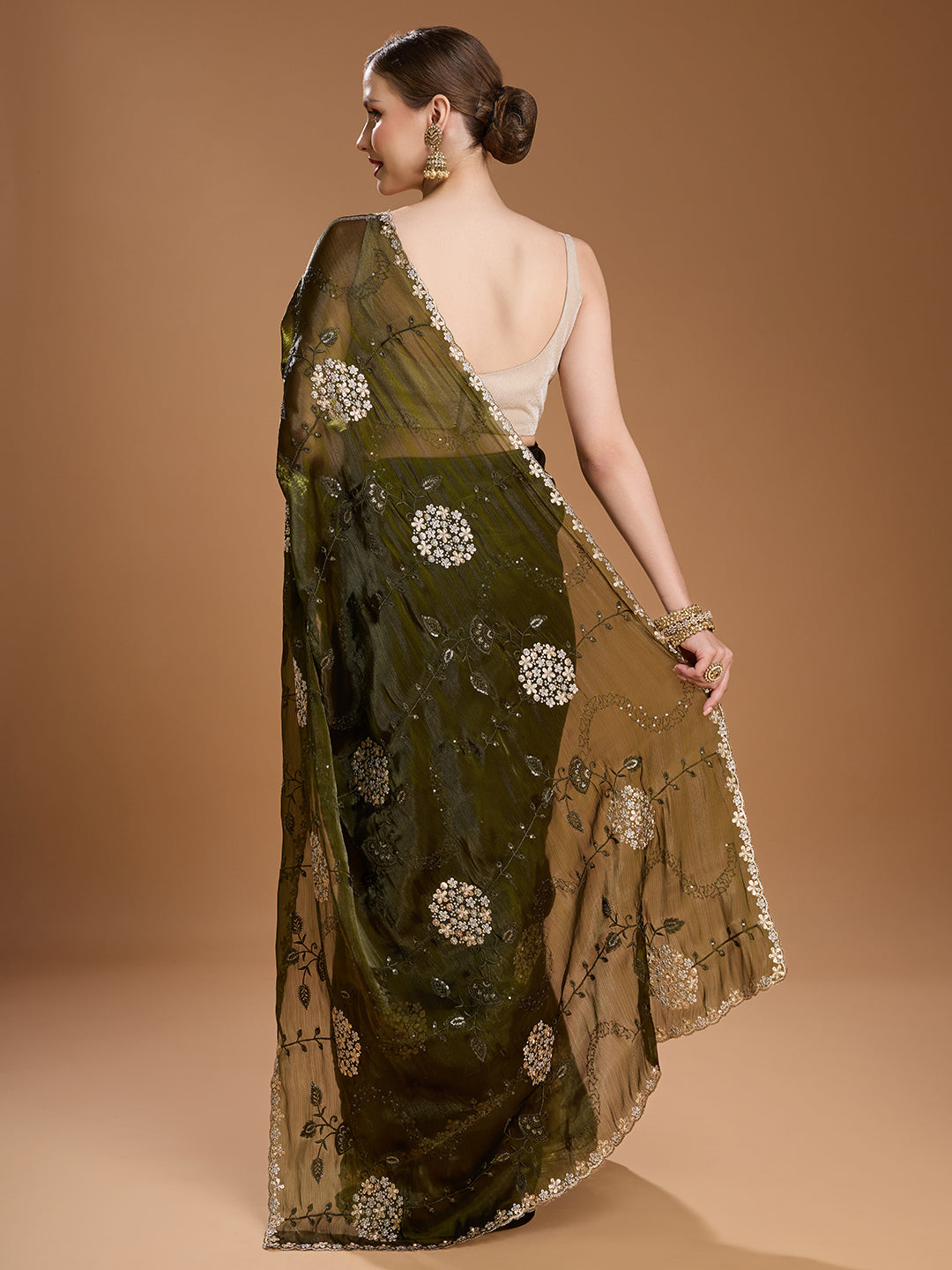Dark Green Jimmy Choo Sequins Embroidered Designer Saree