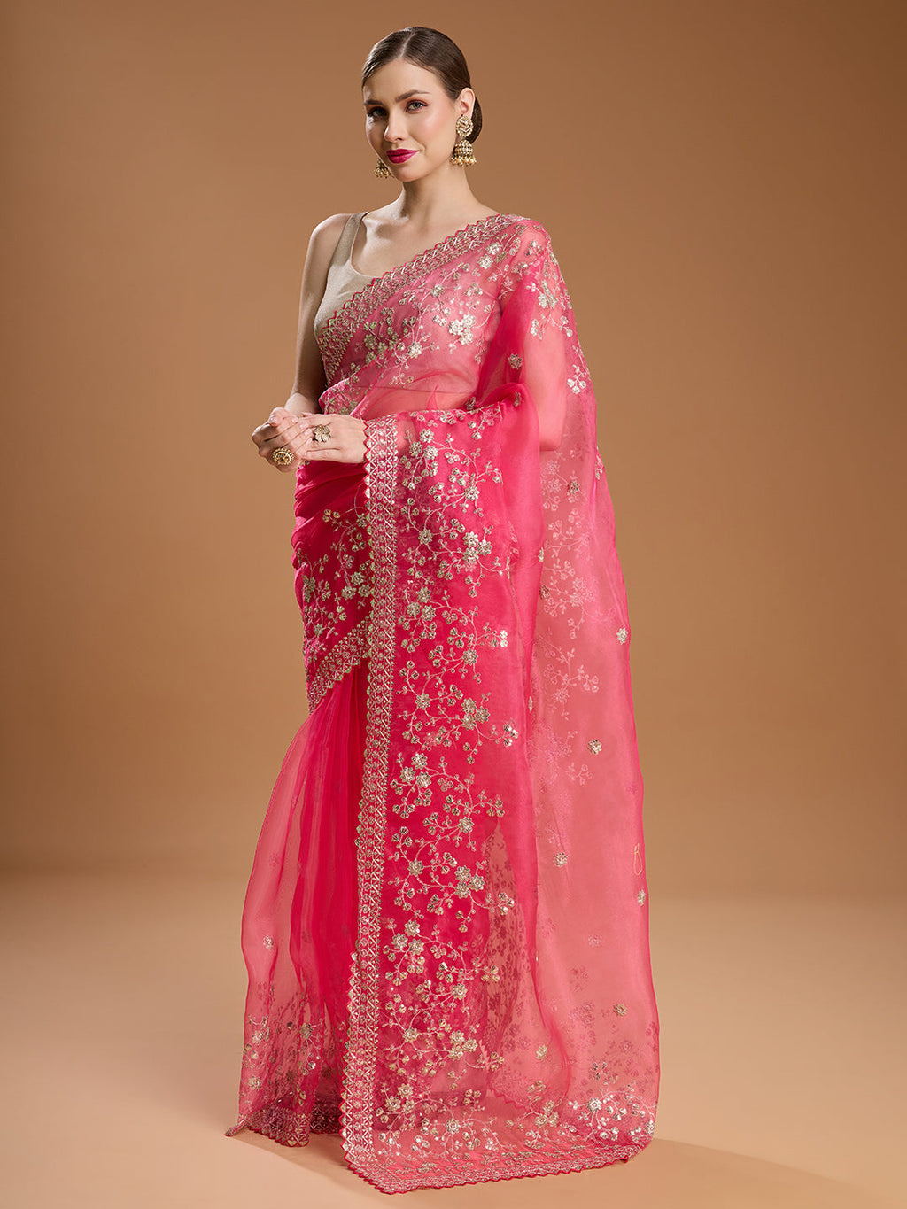 Pink Net Saree with Sequins Embroidered Designer Detailing