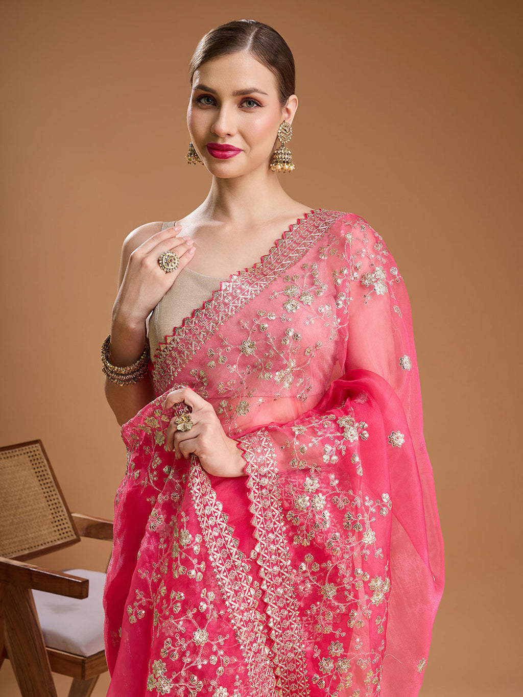Pink Net Saree with Sequins Embroidered Designer Detailing