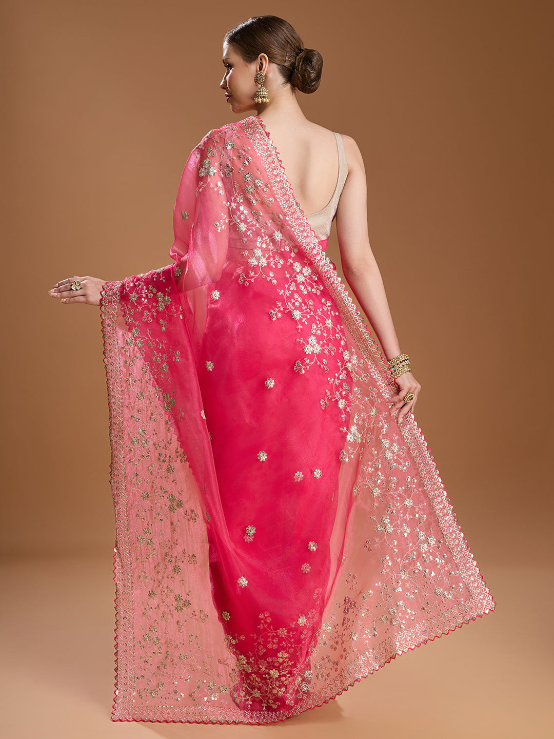 Pink Net Saree with Sequins Embroidered Designer Detailing