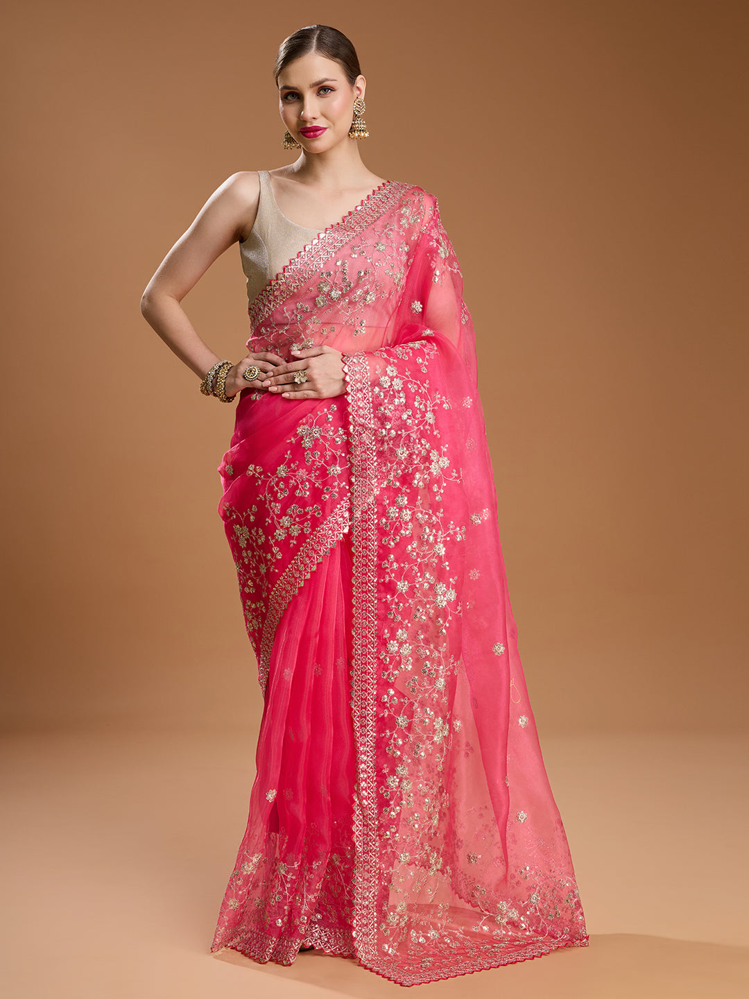 Pink net designer saree with sequin embroidery