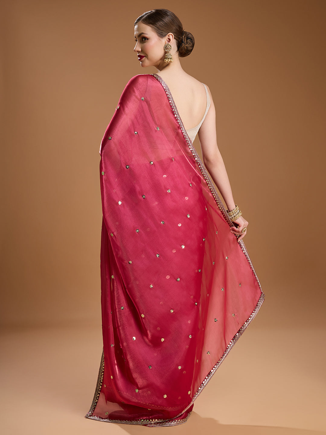 Jyoti Fashion Women's Gajri Red Jimmy Choo Sequins Embroidered Designer Saree with Blouse