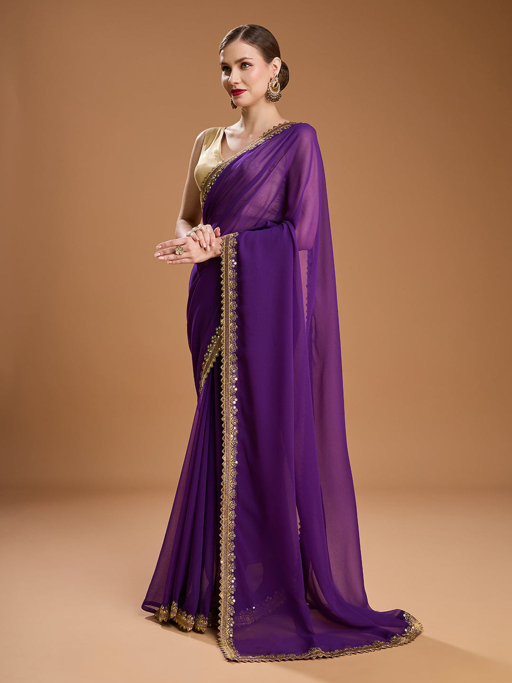 Jyoti Fashion Women's Purple Georgette Sequins Embroidered Designer Saree with Blouse