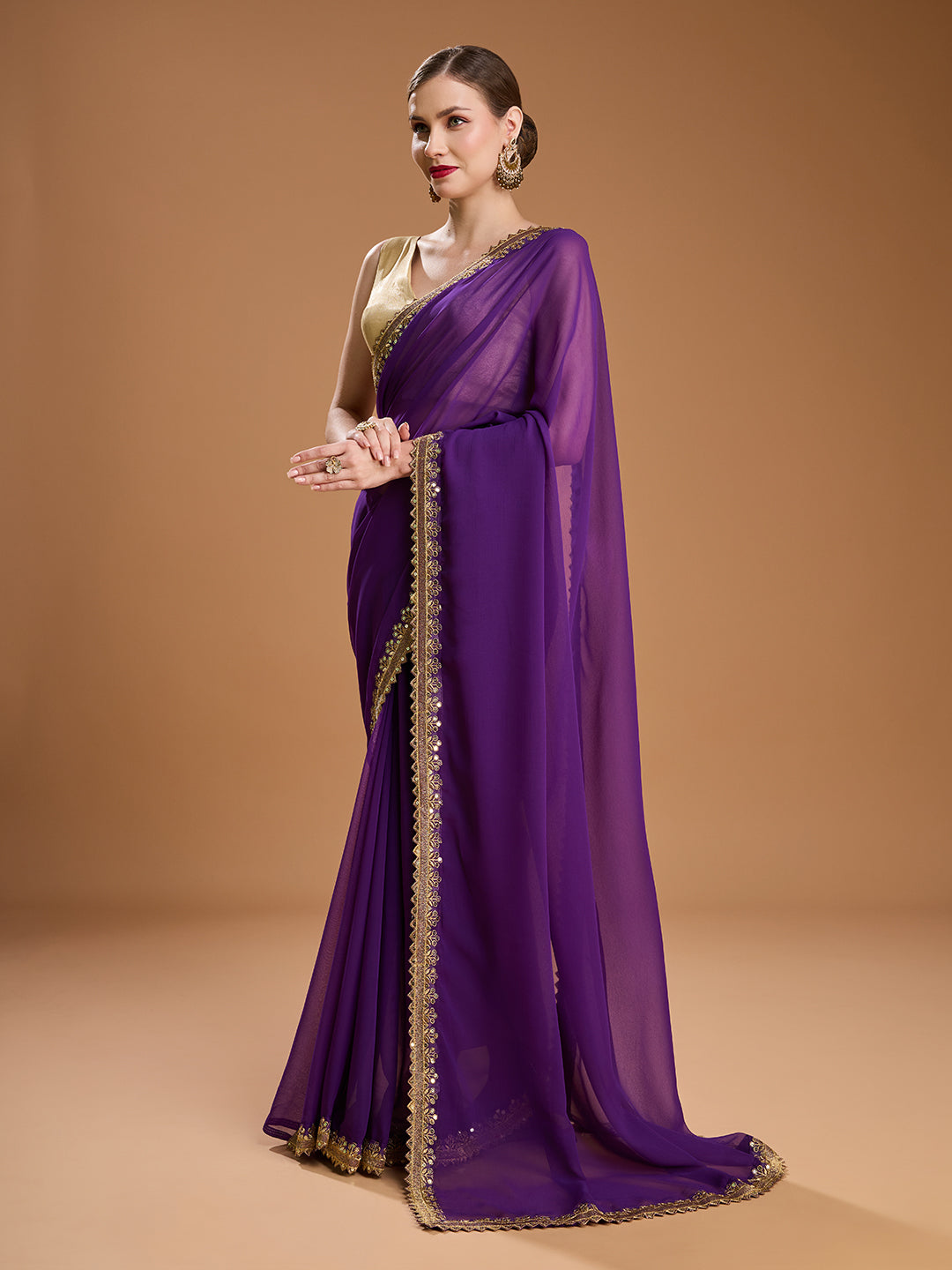 Jyoti Fashion Women's Purple Georgette Sequins Embroidered Designer Saree with Blouse