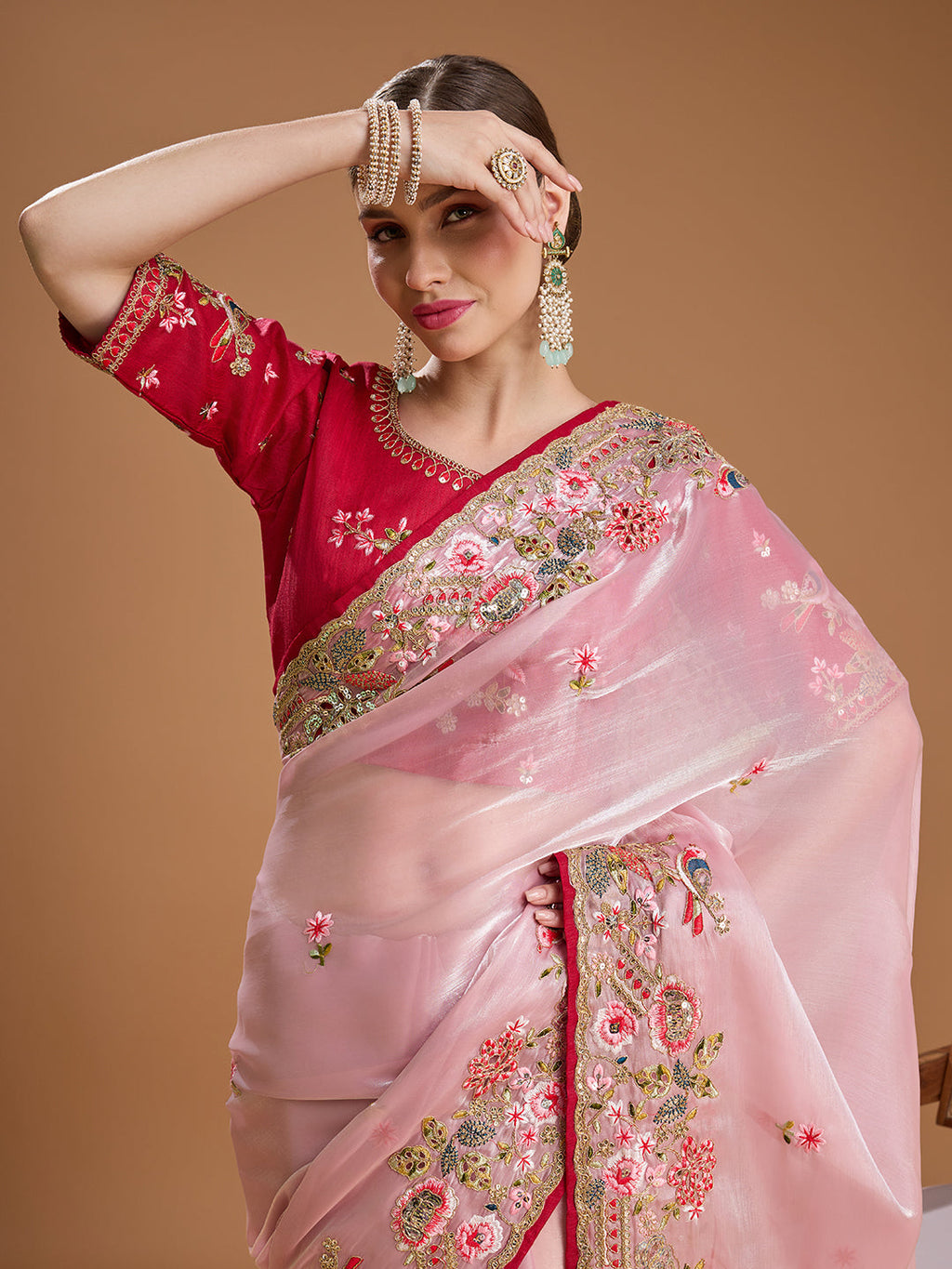Jyoti Fashion Women's Baby Pink Jimmy Choo Sequins Coding Embroidered Designer Saree with Blouse