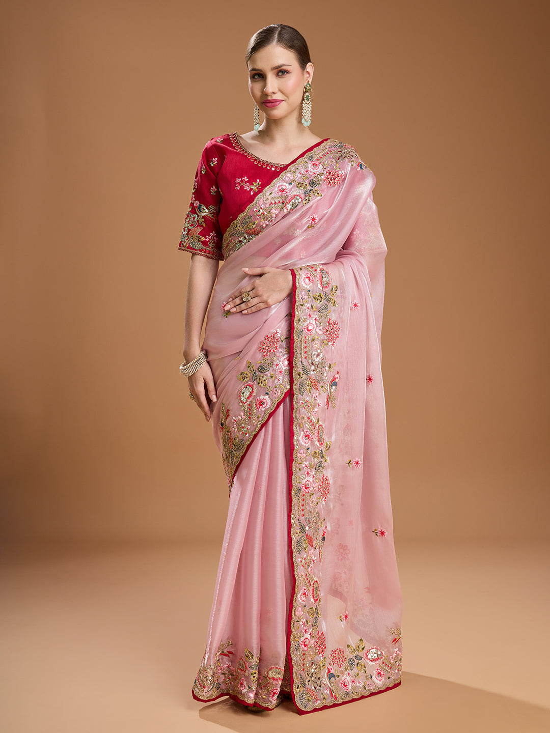 Jyoti Fashion Women's Baby Pink Jimmy Choo Sequins Coding Embroidered Designer Saree with Blouse