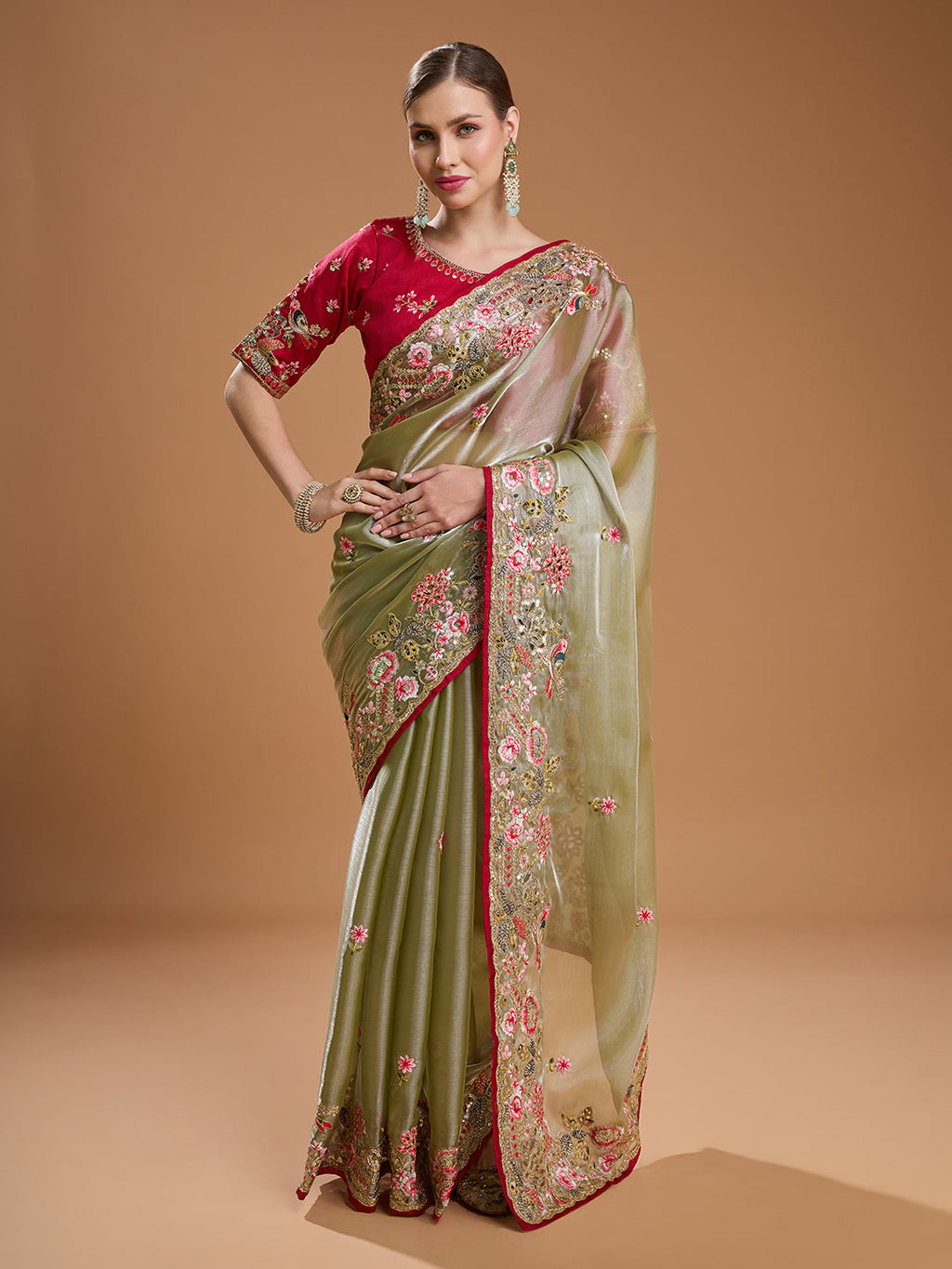 Sea Green Jimmy Choo saree with sequins and coding embroidery detail