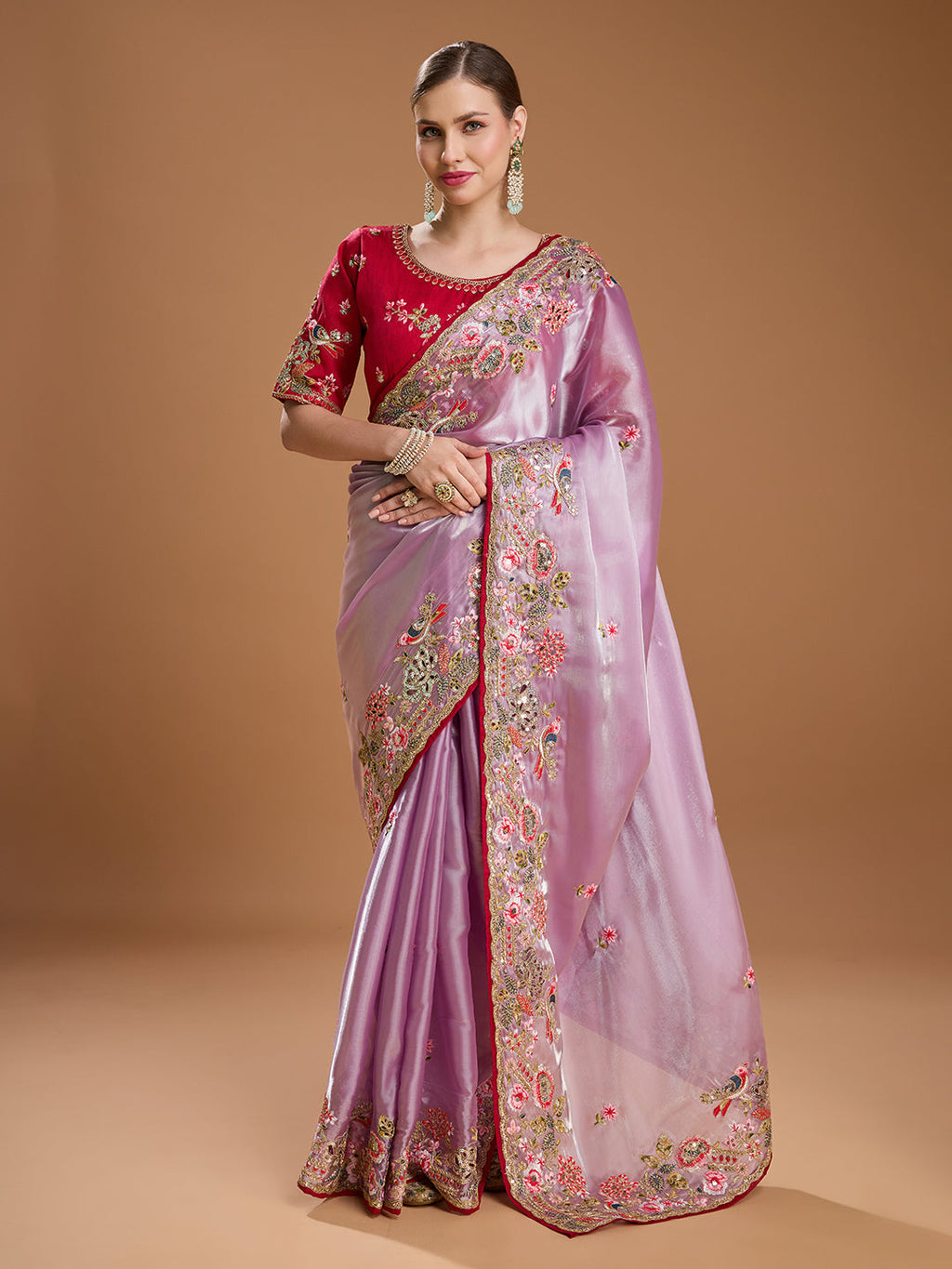 Purple Jimmy Choo saree with intricate sequins coding embroidery.