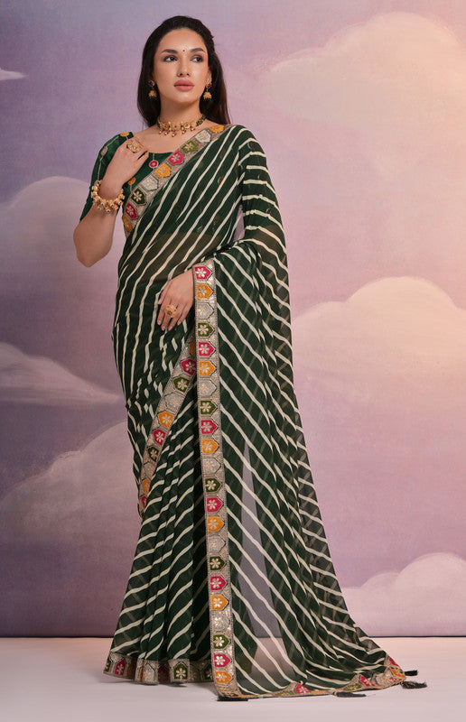 Green georgette saree with detailed coding and sequence embroidery