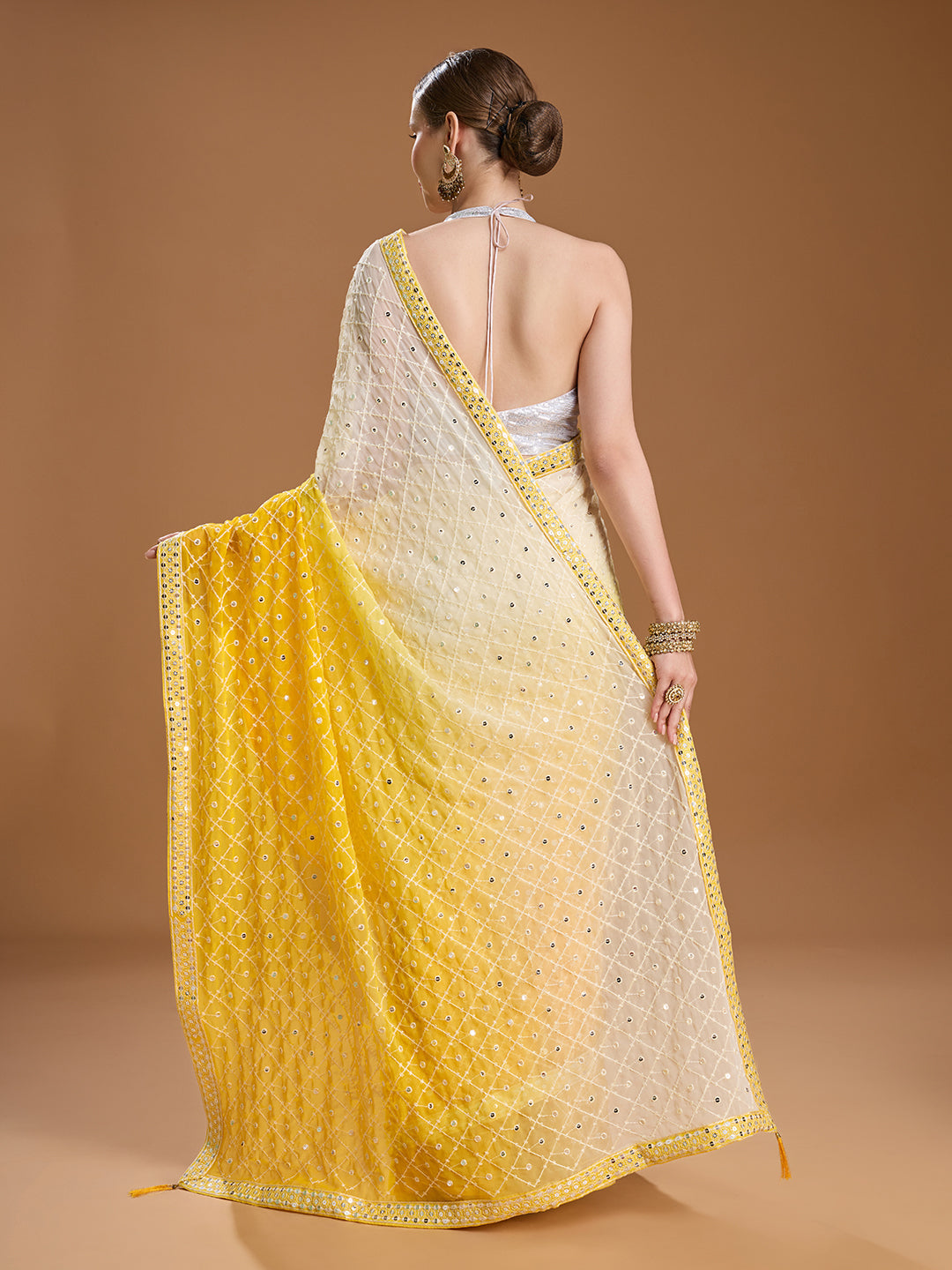 Jyoti Fashion Women's Yellow Georgette Embroidered Mirror Designer Saree with Blouse