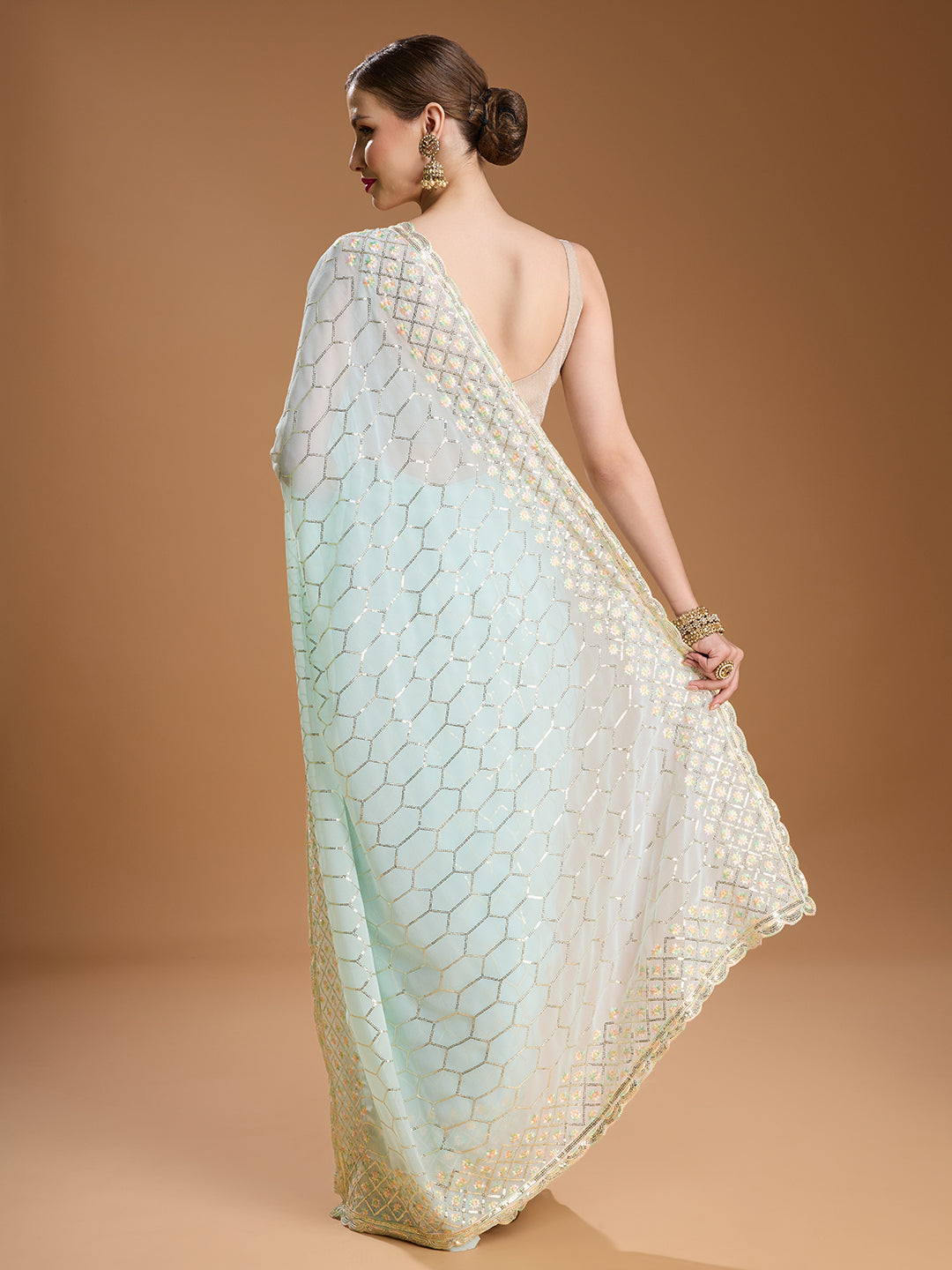 Sky Blue Georgette Sequins Embroidered Designer Saree with Blouse