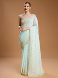 Sky blue georgette designer saree with sequins embroidery and matching blouse
