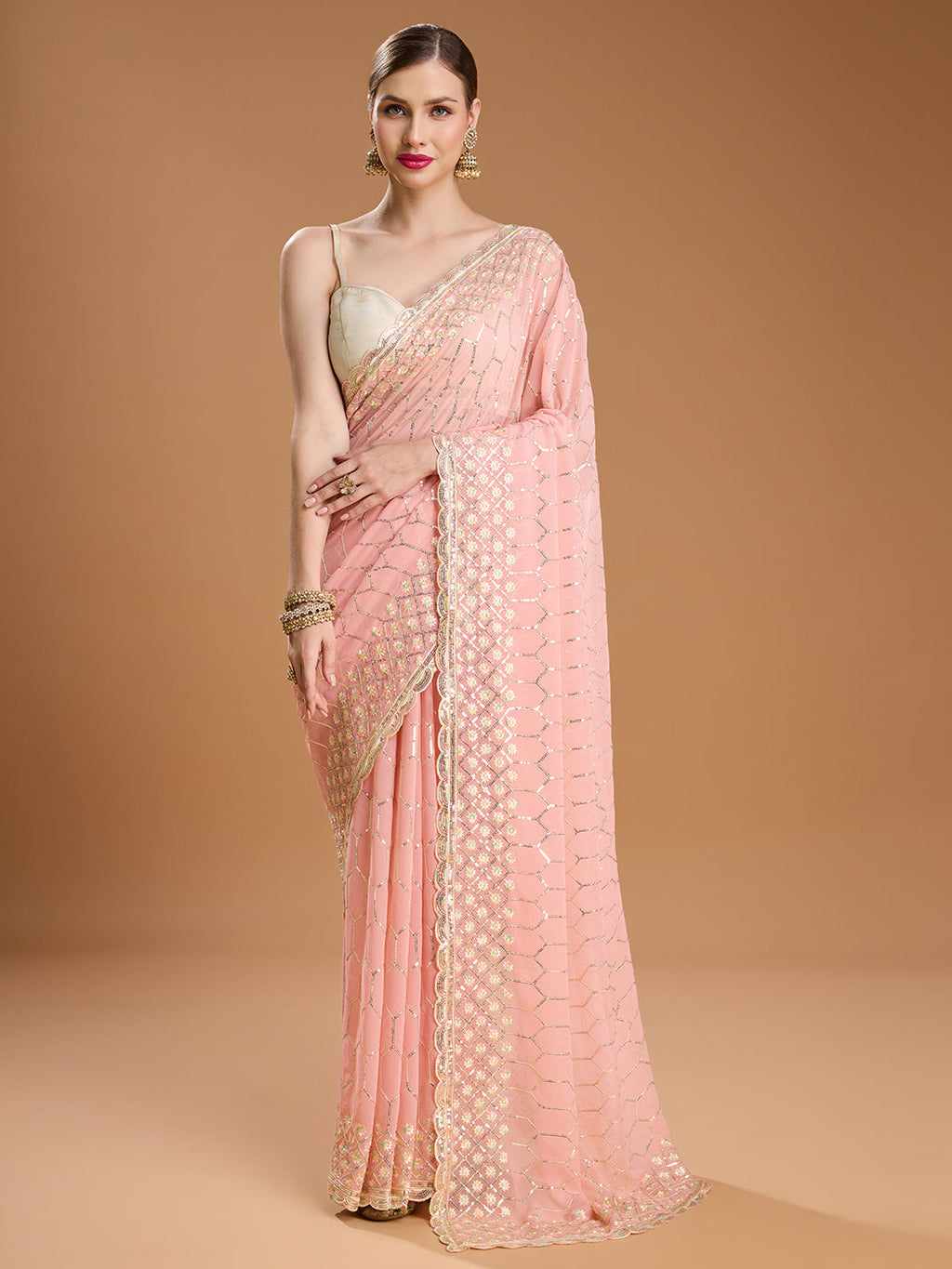Jyoti Fashion Women's Peach Georgette Sequins Embroidered Designer Saree with Blouse