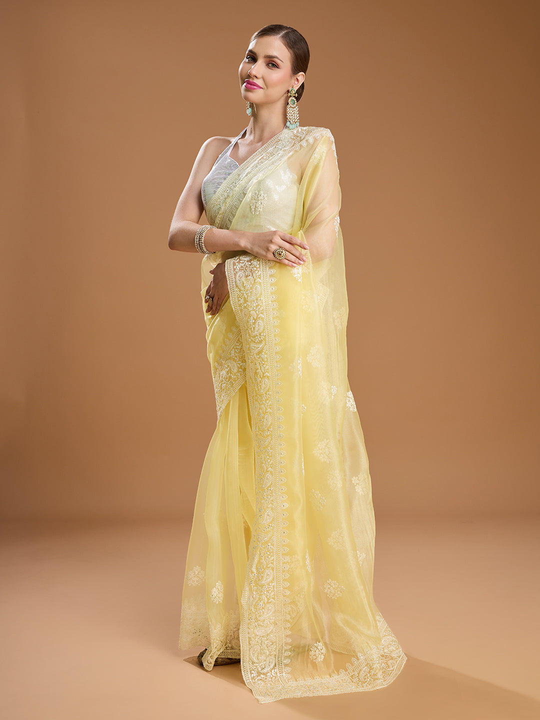 Women's Yellow Net Sequins Embroidered Designer Saree with Blouse