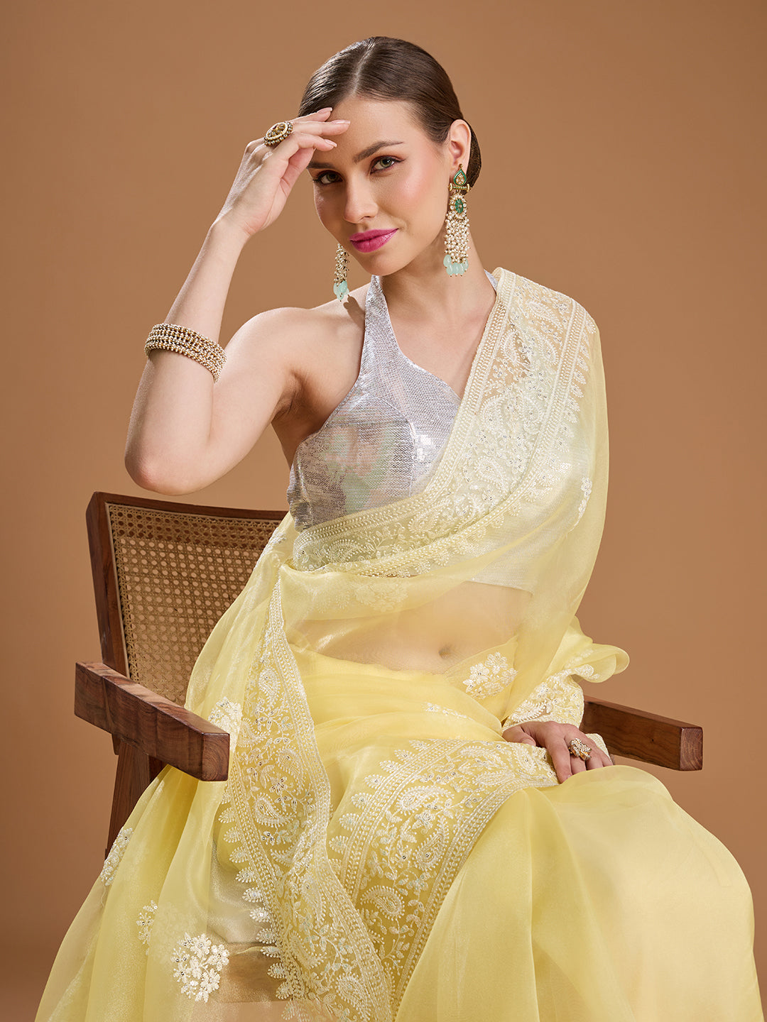 Women's Yellow Net Sequins Embroidered Designer Saree with Blouse
