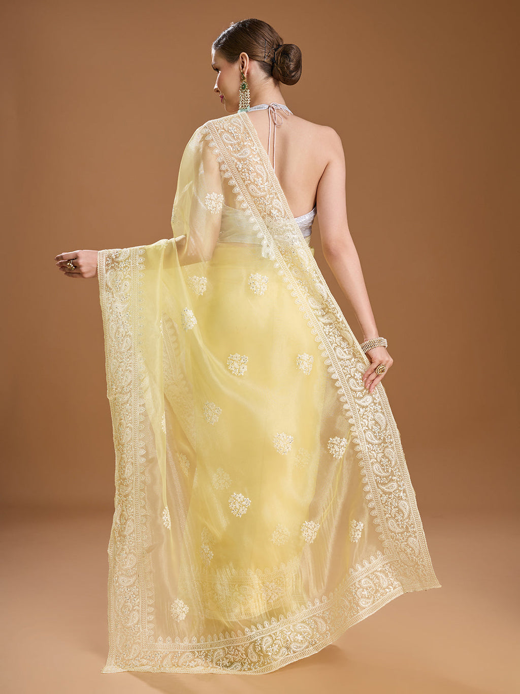 Women's Yellow Net Sequins Embroidered Designer Saree with Blouse