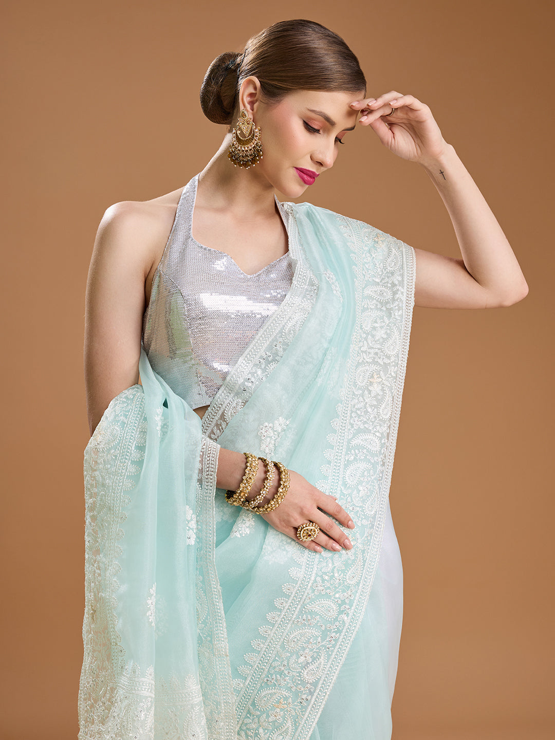 Jyoti Fashion Women's Sky Blue Net Sequins Embroidered Designer Saree with Blouse
