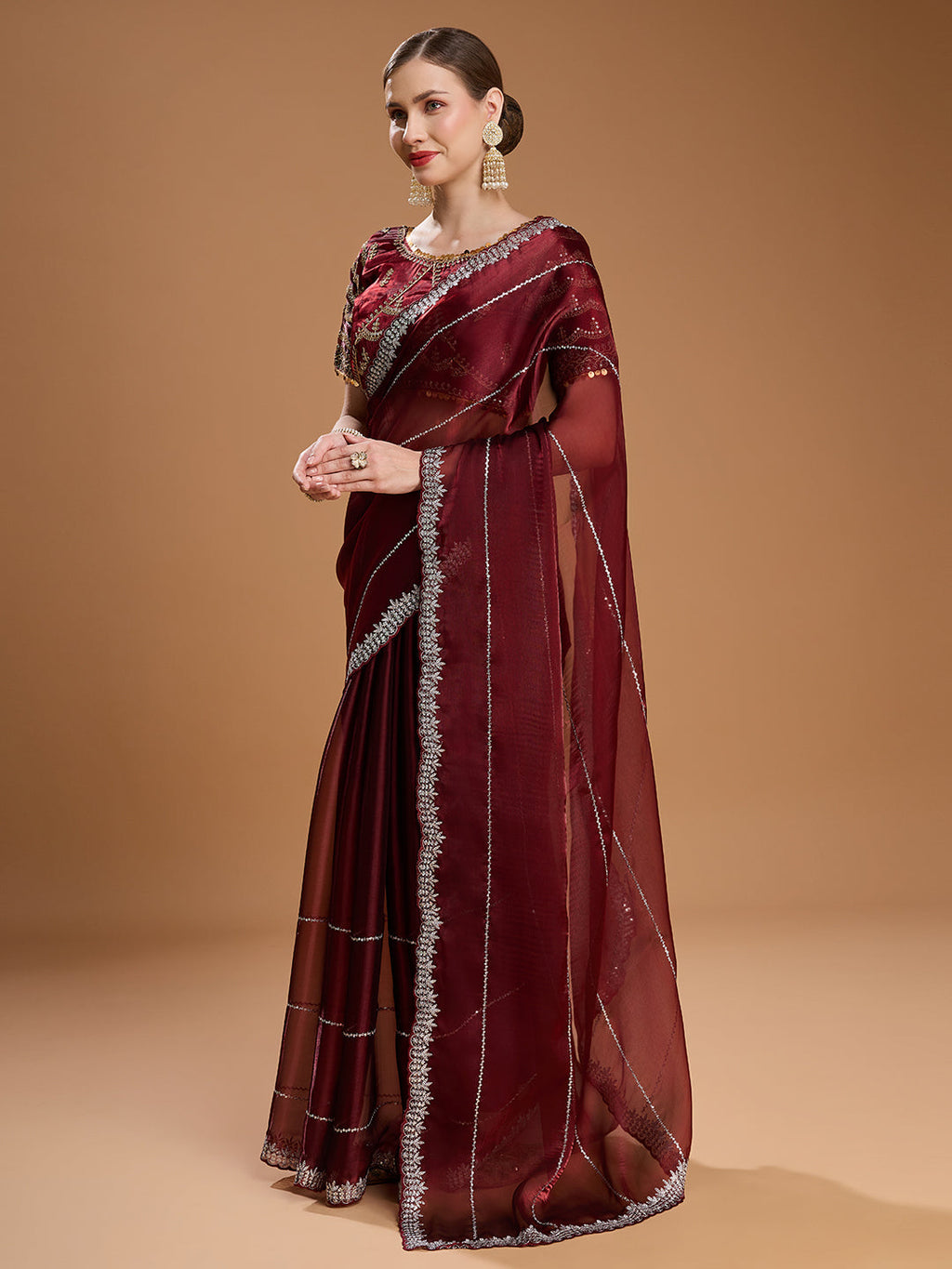 Brown Jimmy Choo Sequins Embroidered Saree with Designer Blouse