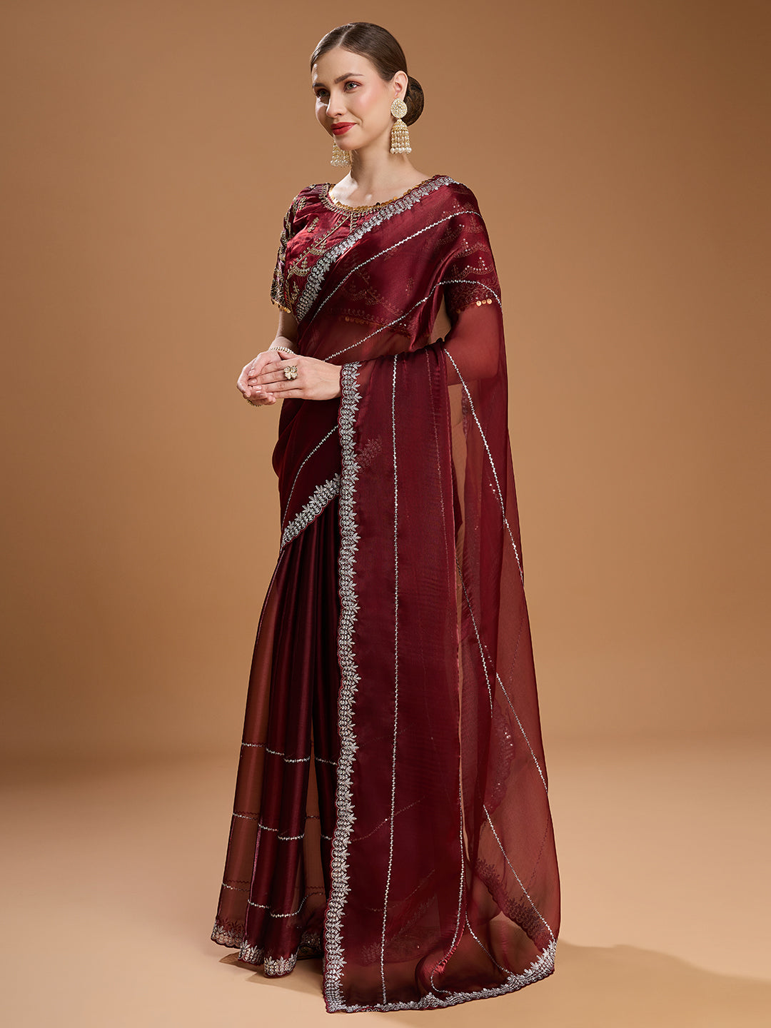 Brown Jimmy Choo Sequins Embroidered Saree with Designer Blouse