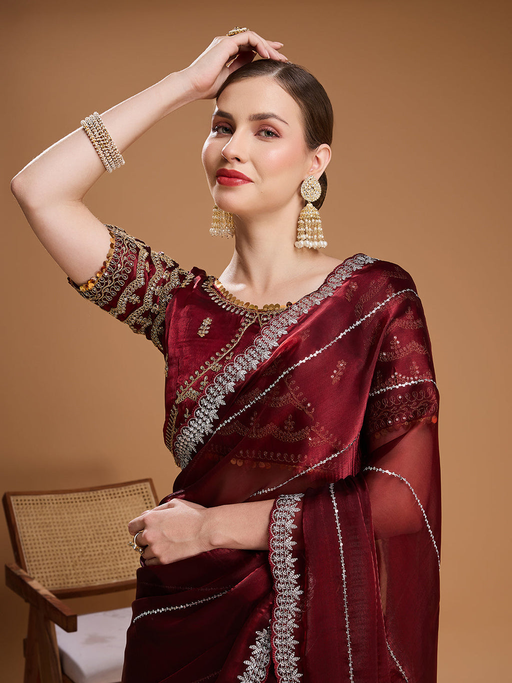 Brown Jimmy Choo Sequins Embroidered Saree with Designer Blouse