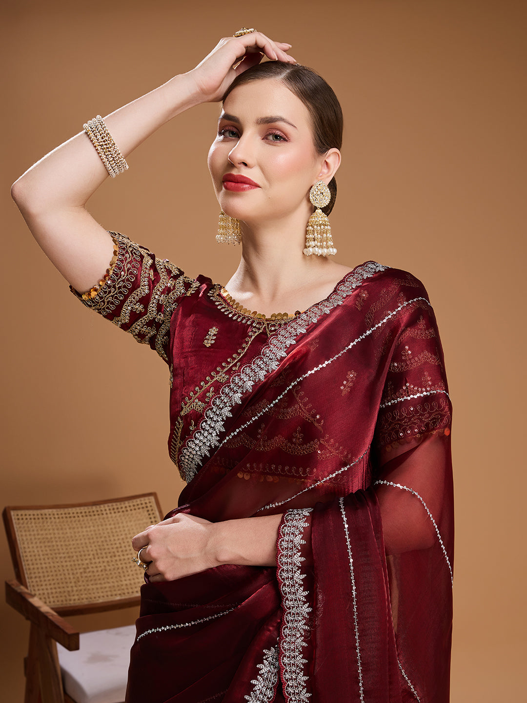 Brown Jimmy Choo Sequins Embroidered Saree with Designer Blouse