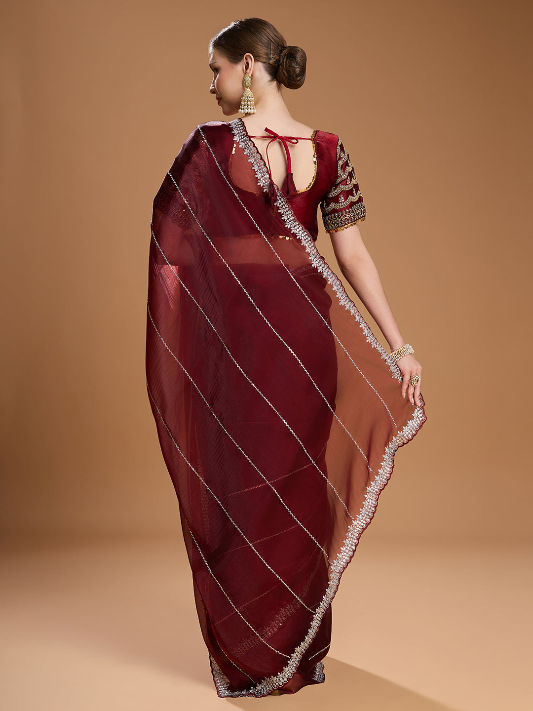 Brown Jimmy Choo Sequins Embroidered Saree with Designer Blouse