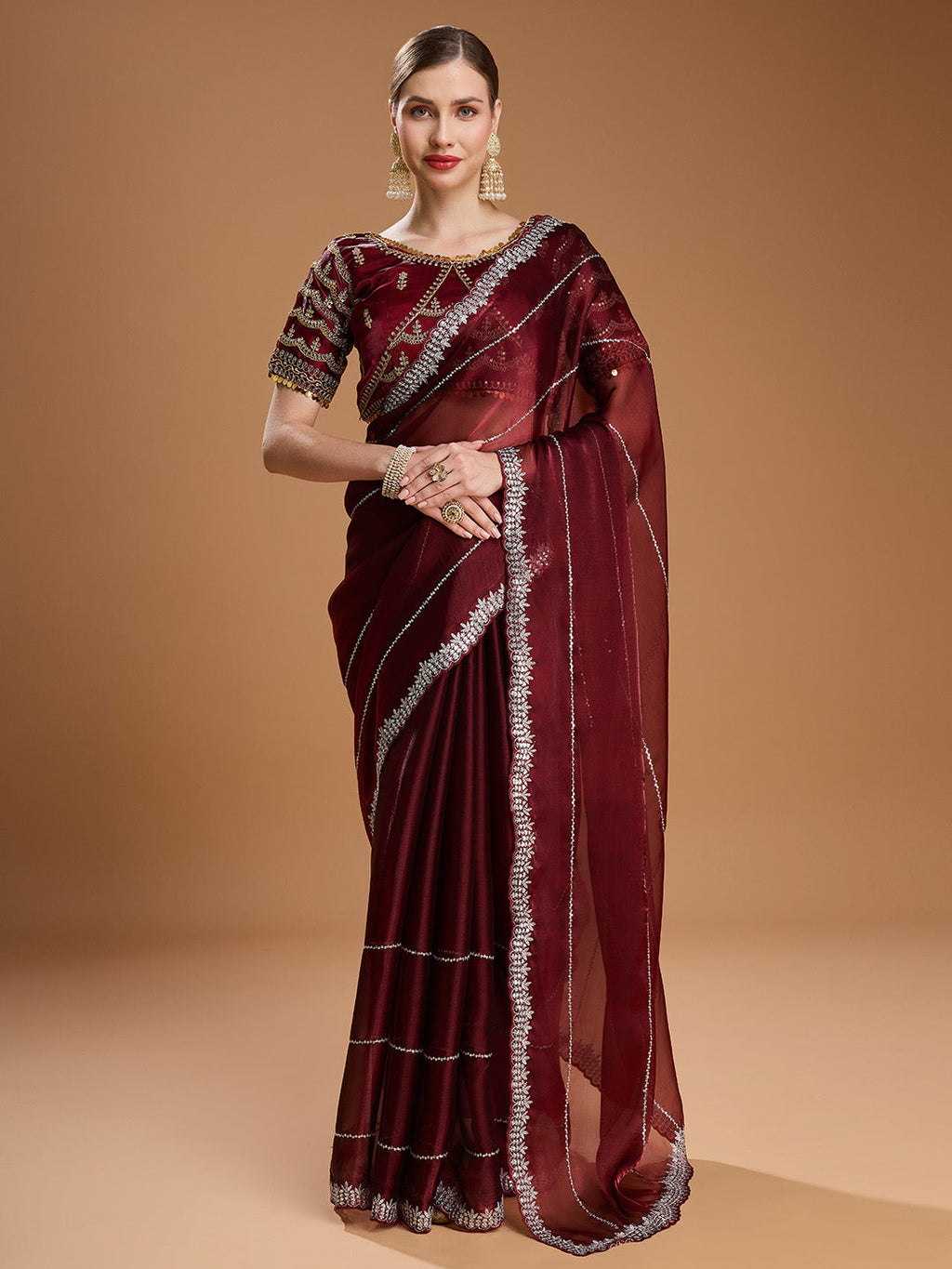 Brown Jimmy Choo fabric saree with sequins embroidery and designer blouse