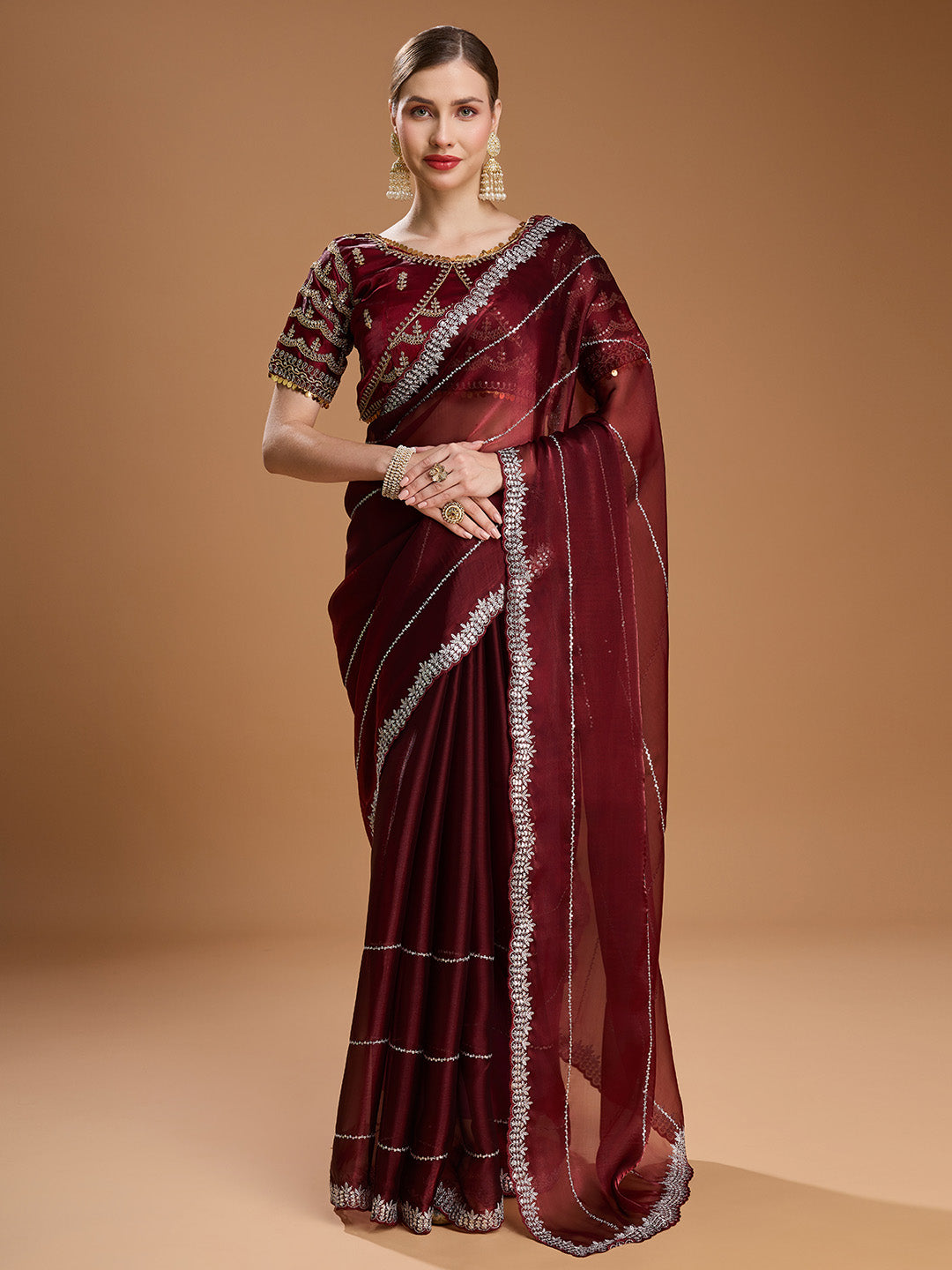 Brown Jimmy Choo fabric saree with sequins embroidery and designer blouse