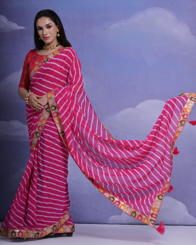 Rani Pink Striped Georgette Saree with Coding Sequence Work
