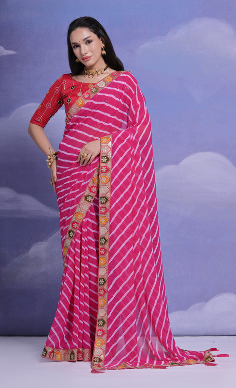 Rani Pink striped georgette saree with multi-colored coding and sequence embroidery for festive occasions.