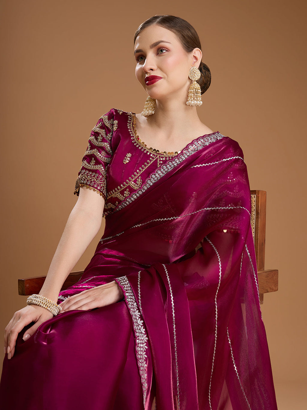 Jyoti Fashion Women's Wine Jimmy Choo Sequins Embroidered Designer Saree with Blouse