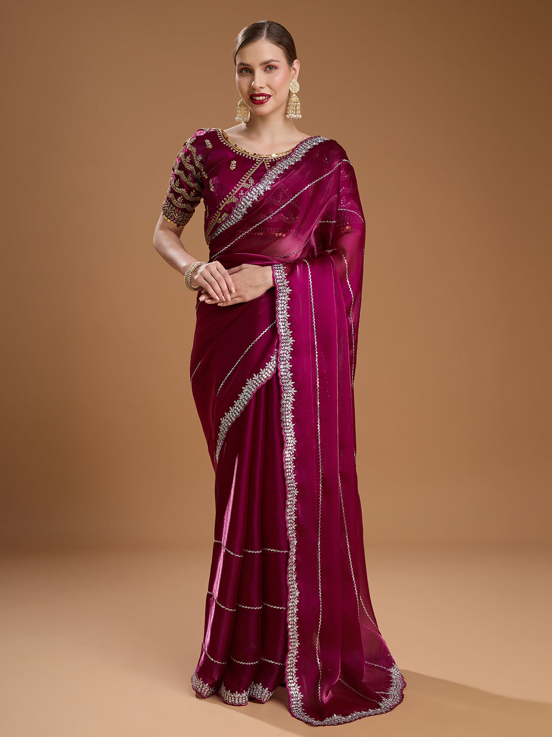 Jyoti Fashion Women's Wine Jimmy Choo Sequins Embroidered Designer Saree with Blouse