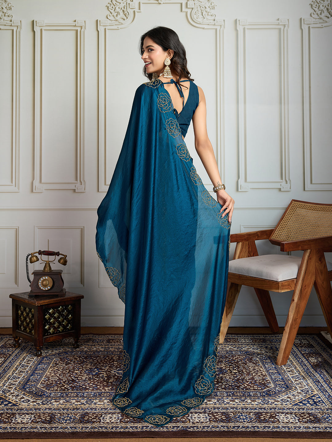 Jyoti Fashion Women's Morpich Fandy Satin Handwork Designer Saree with Blouse