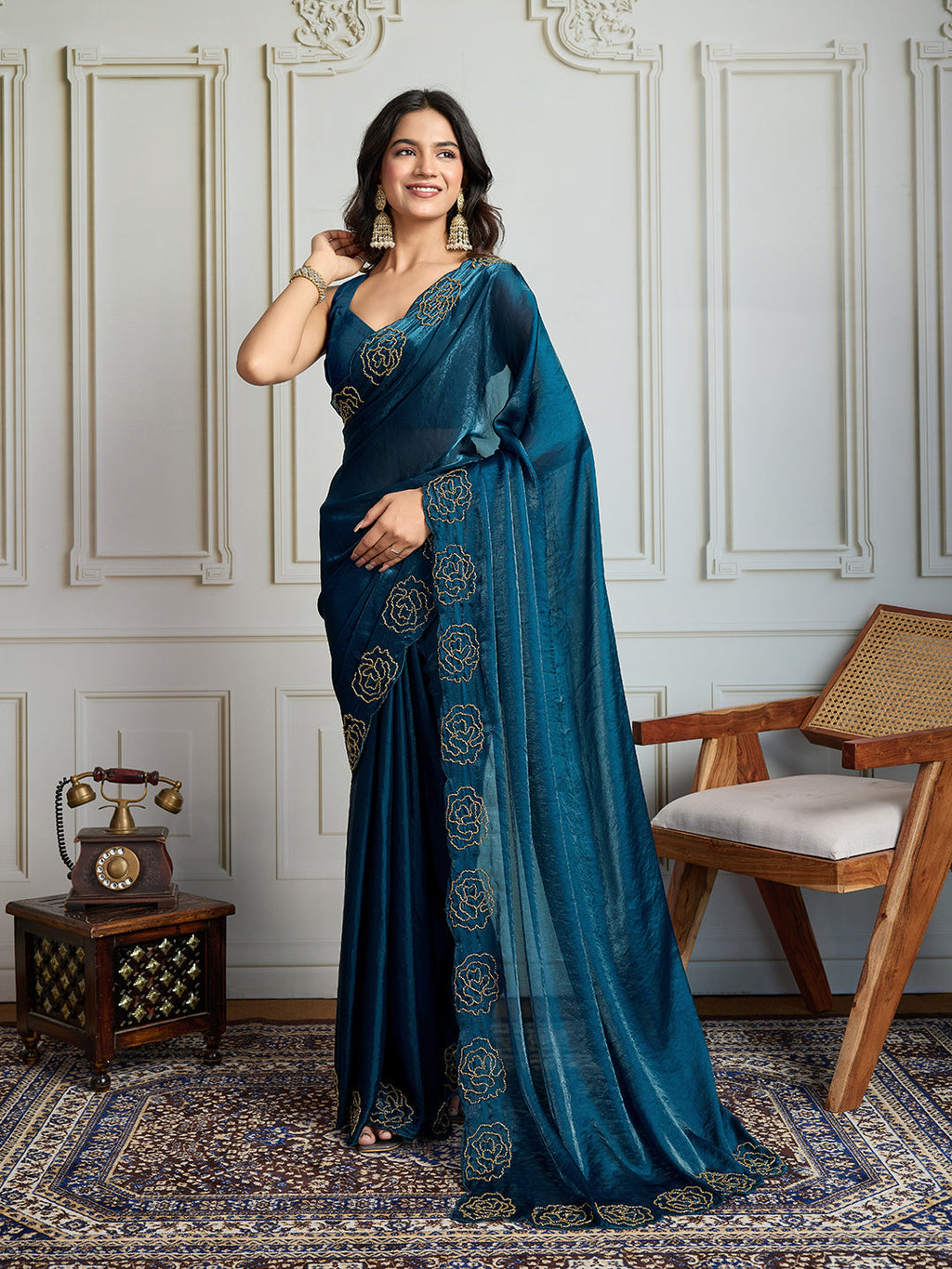Jyoti Fashion Women's Morpich Fandy Satin Handwork Designer Saree with Blouse