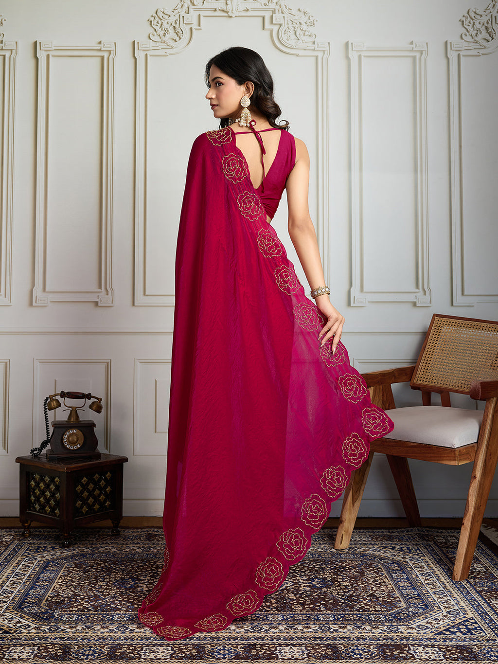 Jyoti Fashion Women's Rani Pink Fandy Satin Handwork Designer Saree with Blouse