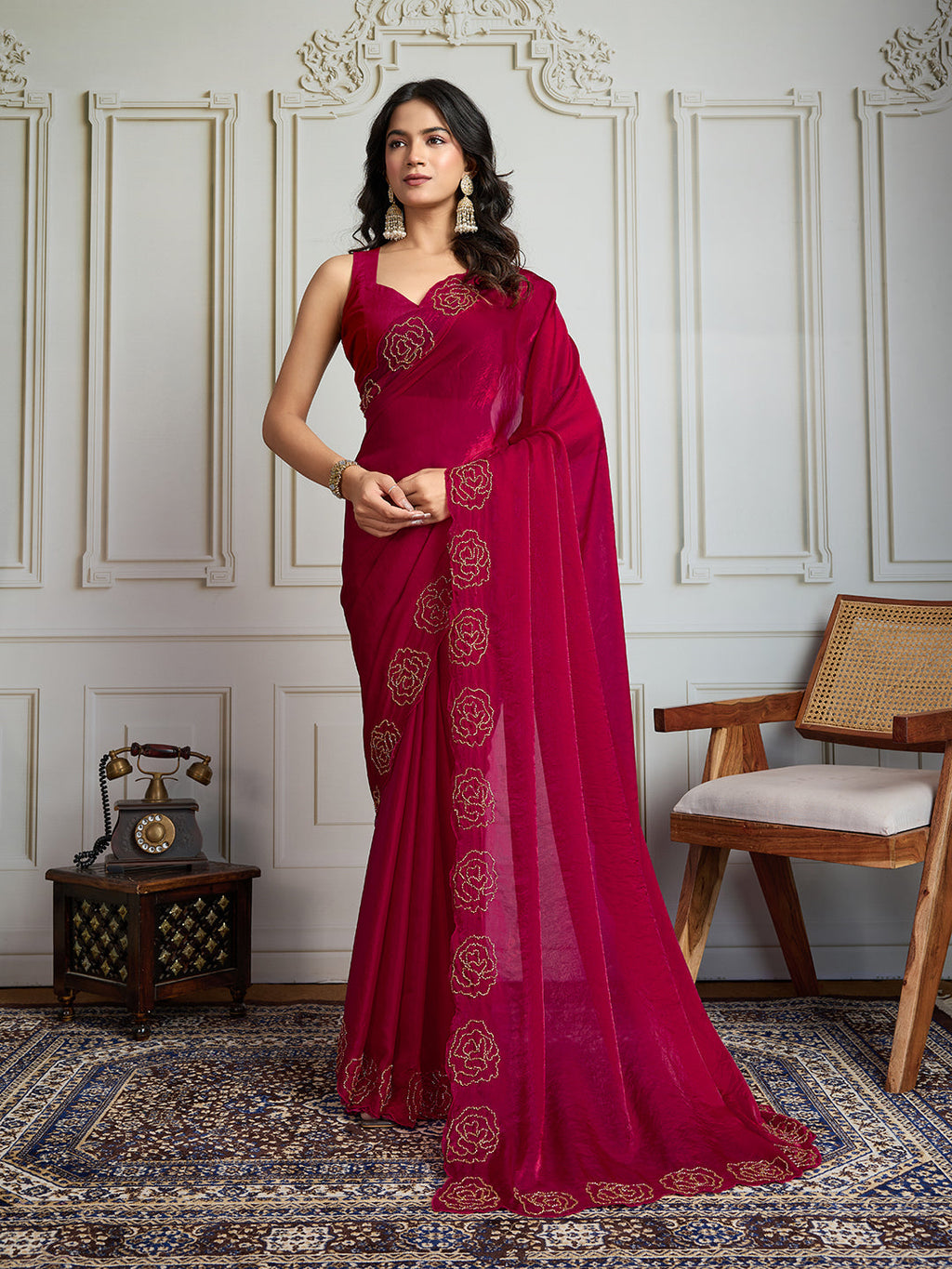 Jyoti Fashion Women's Rani Pink Fandy Satin Handwork Designer Saree with Blouse