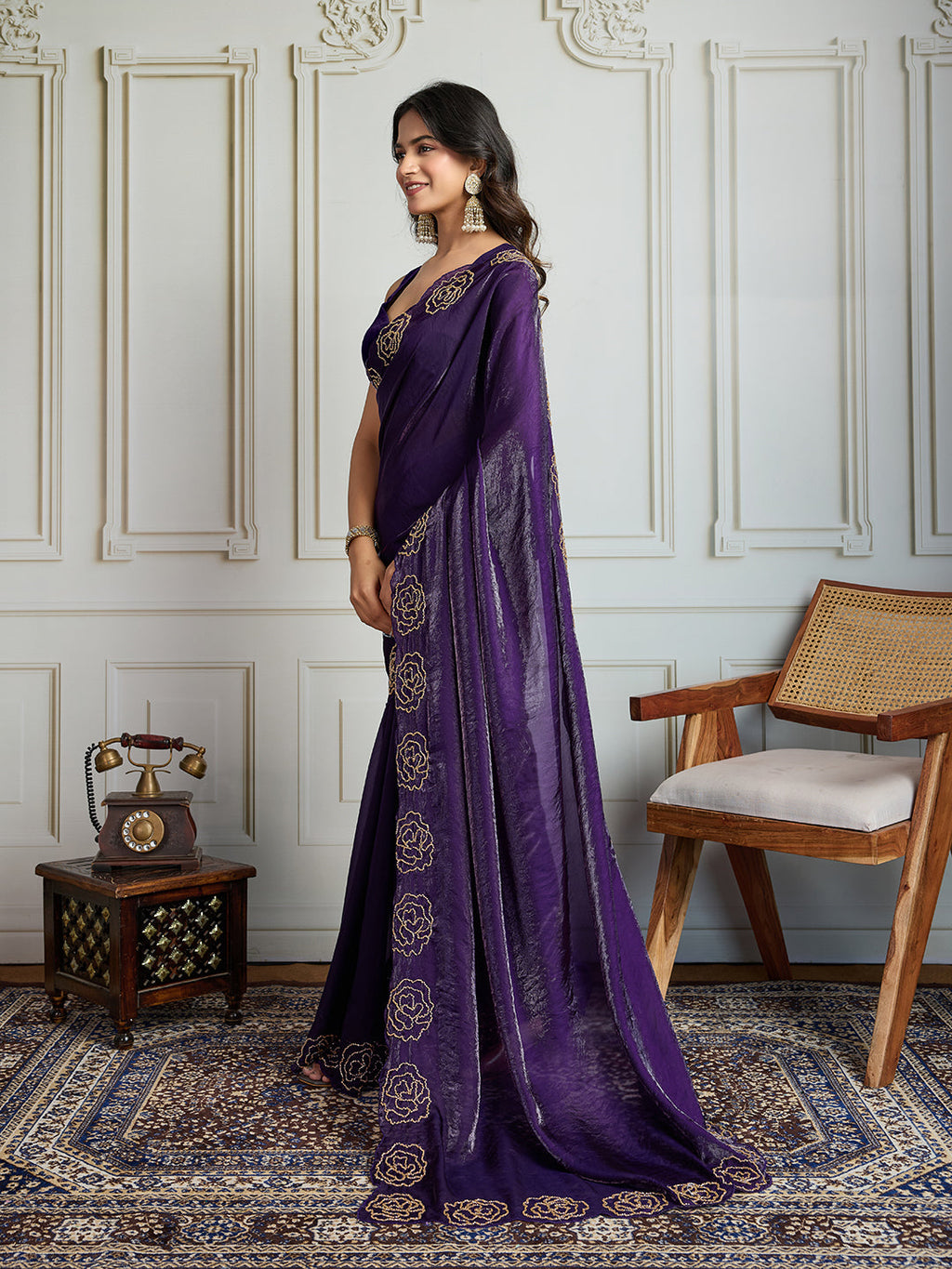 Jyoti Fashion Women's Purple Fandy Satin Handwork Designer Saree with Blouse