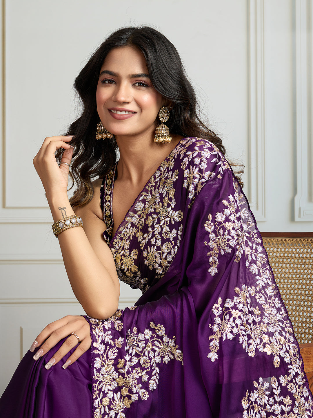 Purple Rangoli Silk Embroidered Saree with Sequins Zari Work