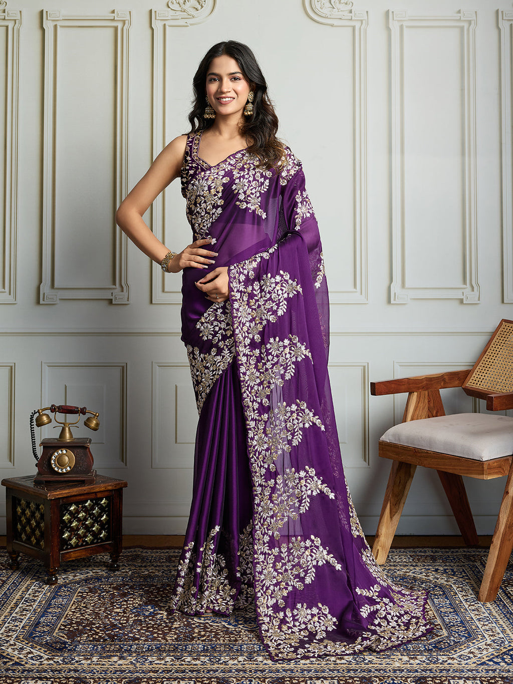 Purple Rangoli Silk designer saree with sequins zari embroidery and matching blouse