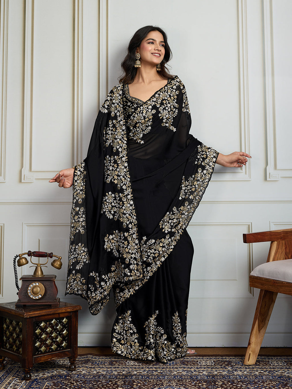Black Rangoli Silk Designer Saree with Sequins Zari Embroidery
