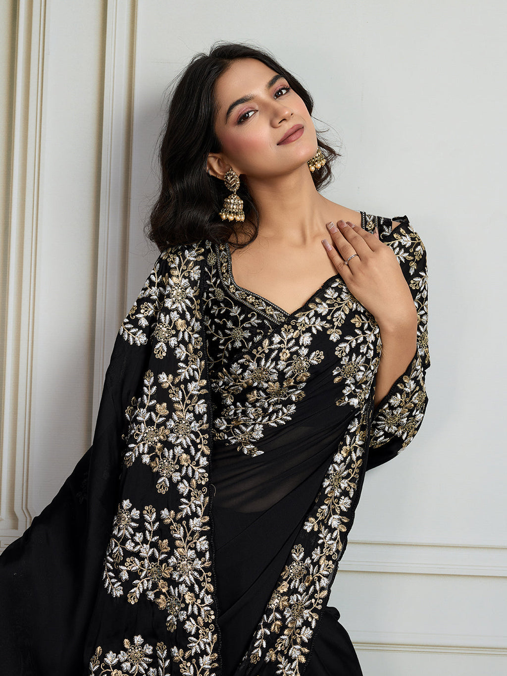 Black Rangoli Silk Designer Saree with Sequins Zari Embroidery