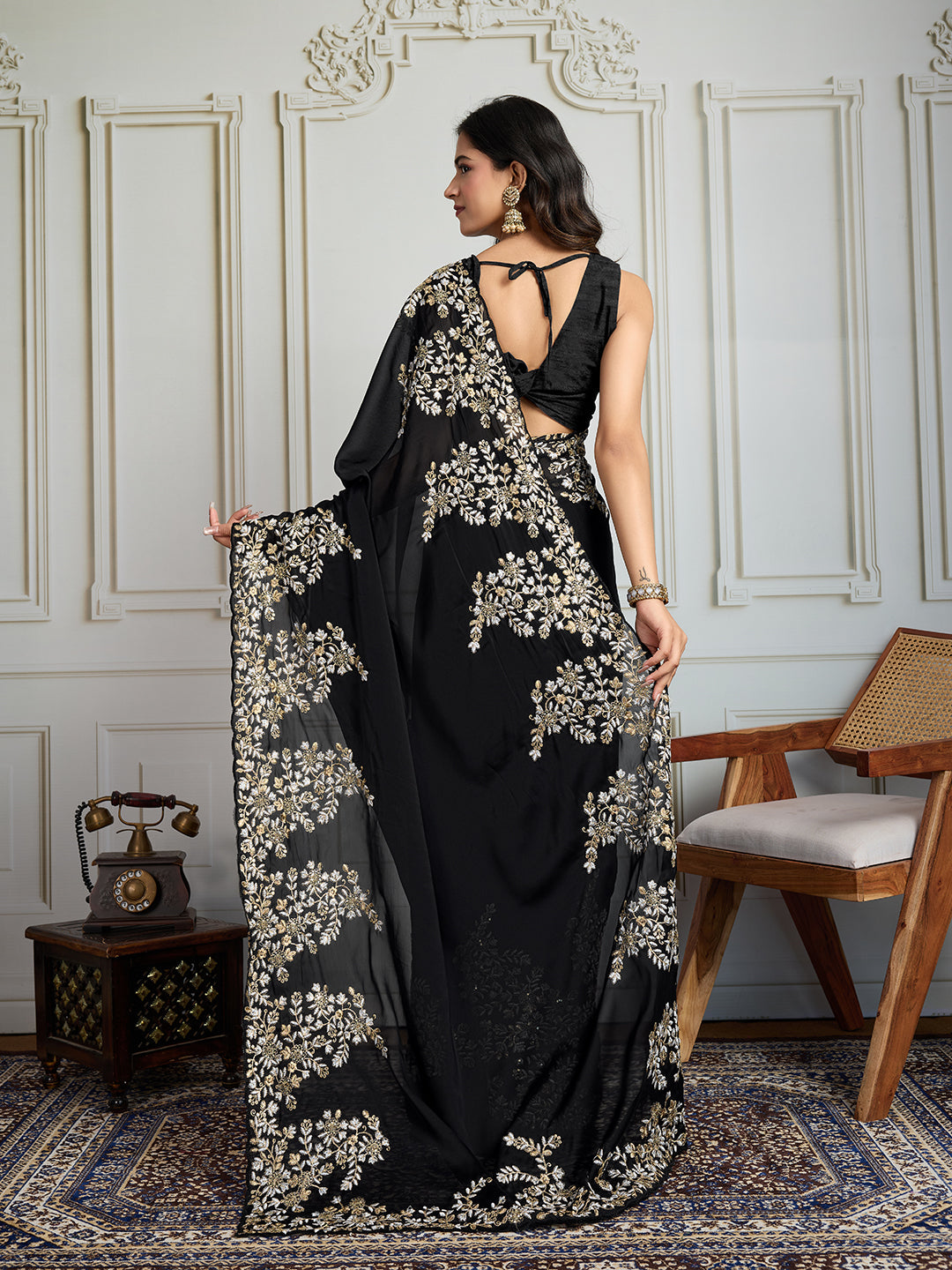 Black Rangoli Silk Designer Saree with Sequins Zari Embroidery