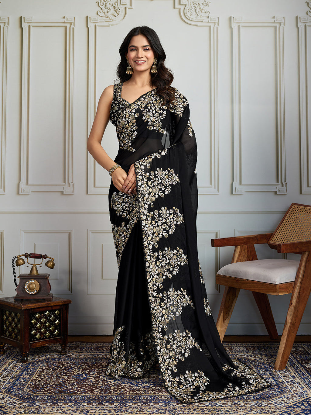 Black Rangoli Silk designer saree with sequins and Zari embroidery detail