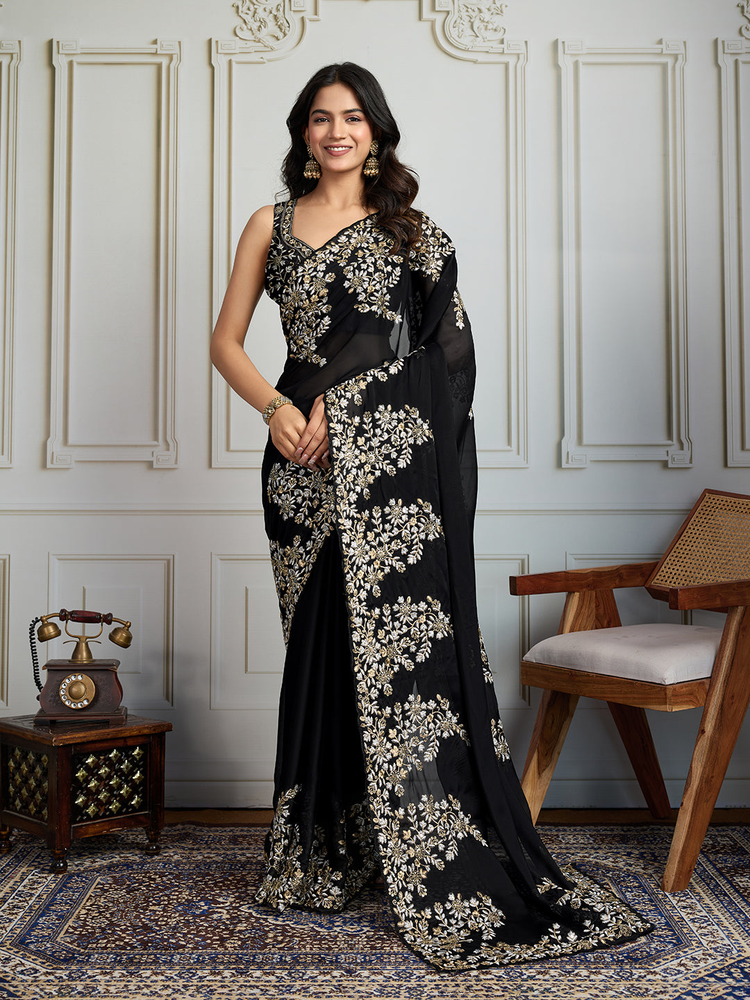 Black Rangoli Silk designer saree with sequins and Zari embroidery detail