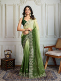 Green Soft Crush designer saree with sequins and thread embroidery