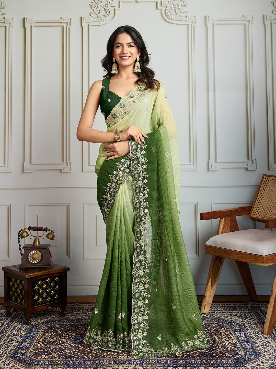 Green Soft Crush designer saree with sequins and thread embroidery