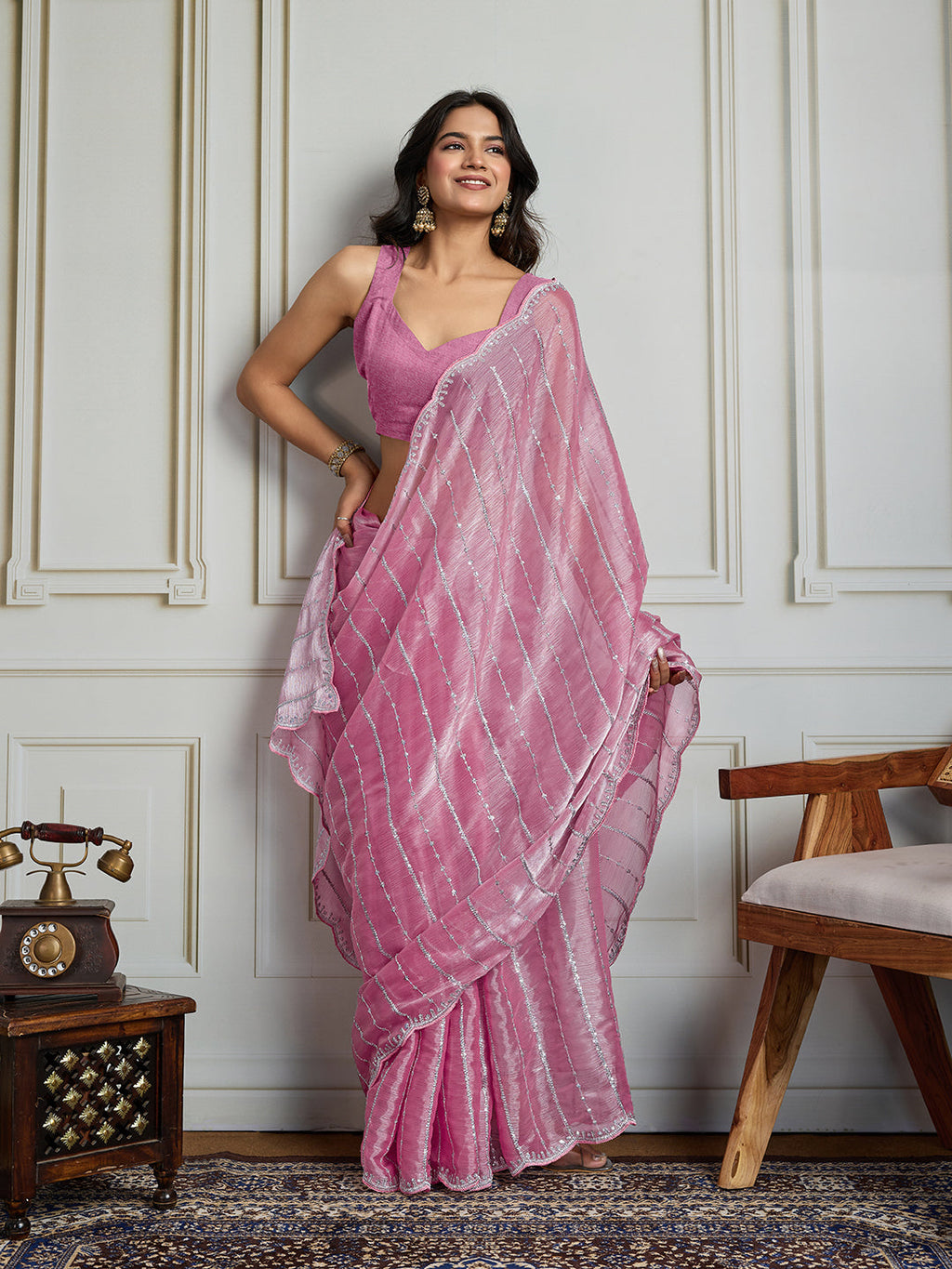 Women's Pink Chiffon Silk Designer Saree with Sequins Work